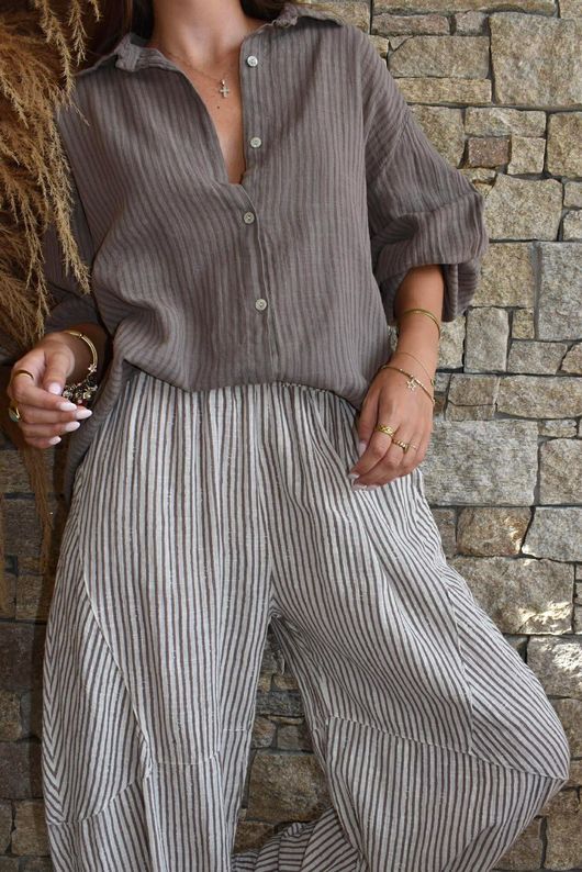 Sundaze Cheesecloth Chalk Stripe Boyfriend Shirt Mocha & Earth